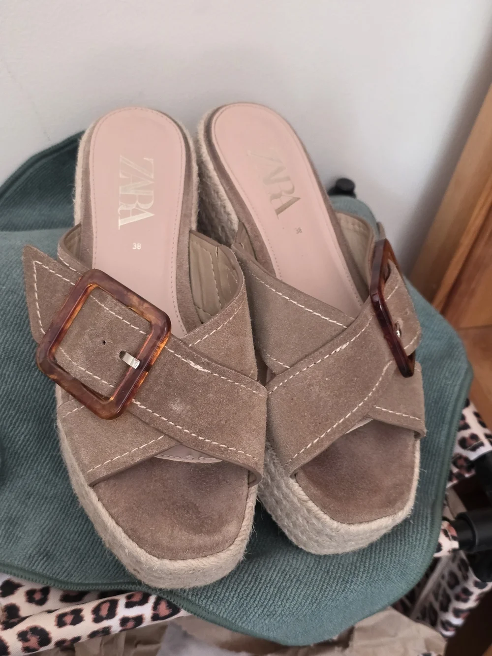 Zara Suede Platform Espadrille Slides Tortoise Buckle EU 38 7.5-8